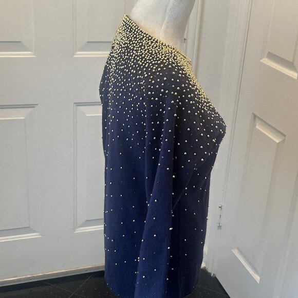 Vintage 80's Bonnie Boerer Embellished Navy Sweater with Gold Beads S - Picture 11 of 14